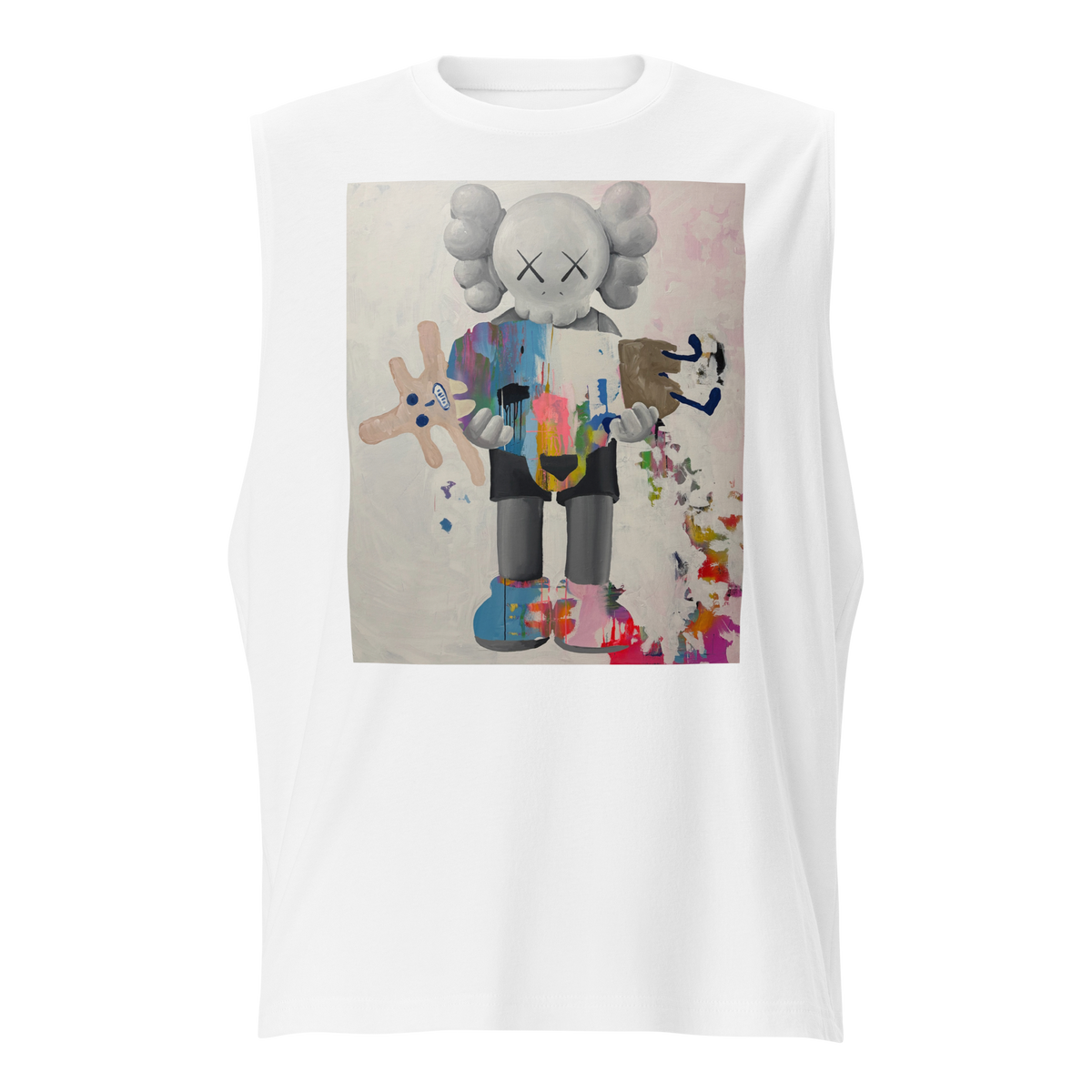 A white sleeveless tank top featuring a large graphic print of a KAWS character holding a paintbrush, styled in a colorful pop-art design on a light gray background.