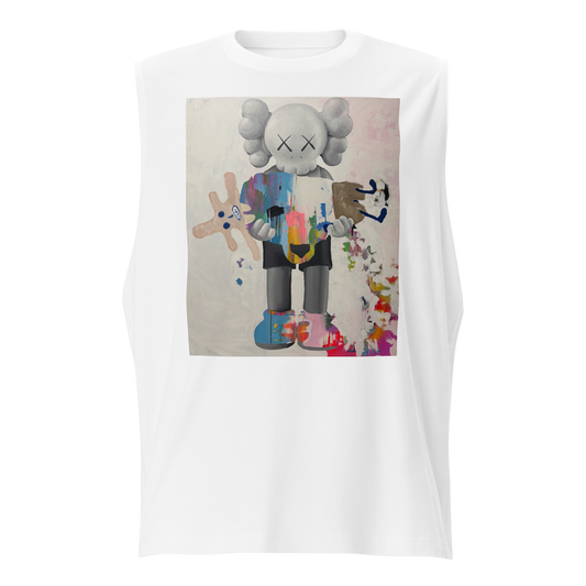 A white sleeveless tank top featuring a large graphic print of a KAWS character holding a paintbrush, styled in a colorful pop-art design on a light gray background.