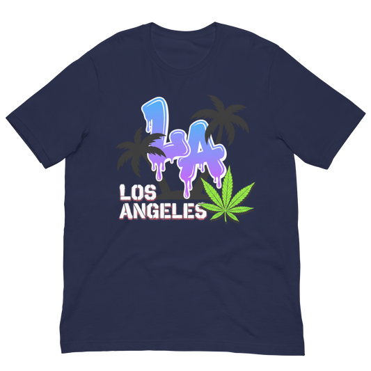 A navy blue short-sleeve t-shirt with a colorful graphic on the chest featuring the text ' LA LOS ANGELES' in dripping purple and blue graffiti, a green cannabis leaf, and dark palm trees, shown on a plain white background.