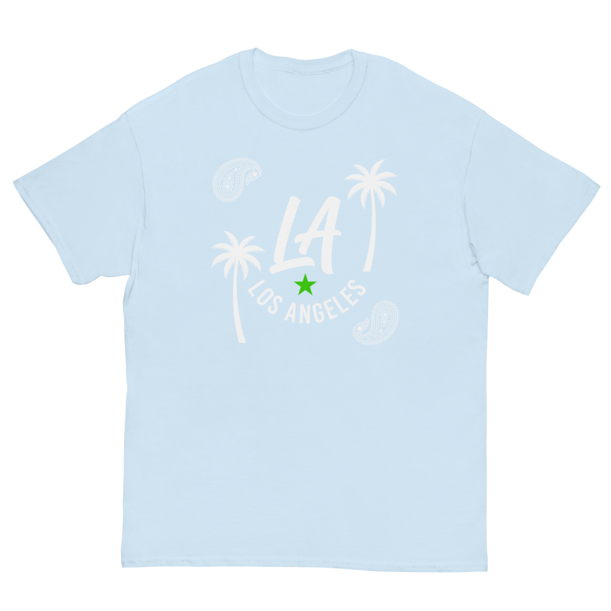 A light blue crewneck t-shirt featuring a white graphic print of 'LA LOS ANGELES' with palm trees, paisley patterns, and a small green star accent.