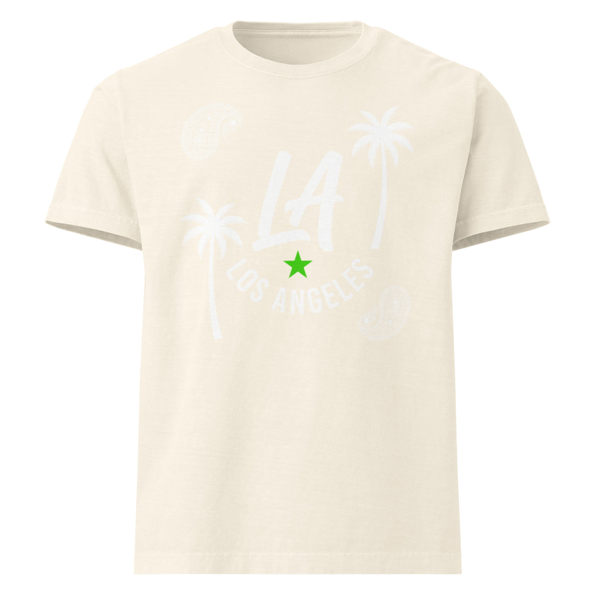An off-white crewneck t-shirt featuring a white graphic print of 'LA LOS ANGELES' with palm trees and a bright green star accent on the front.