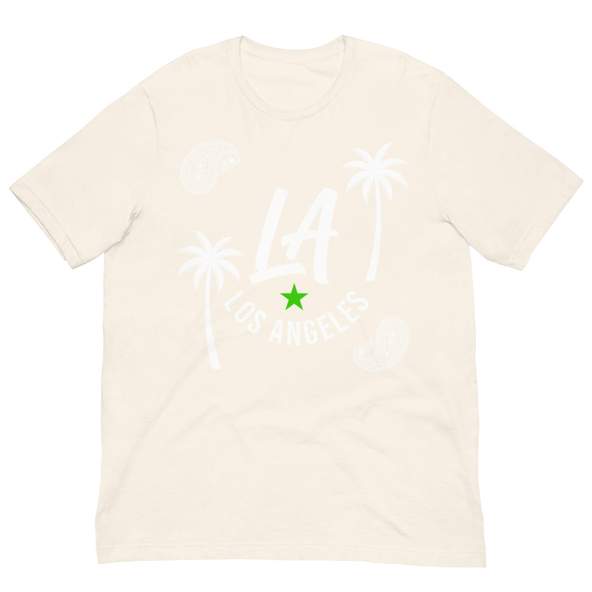Off-white t-shirt with palm trees graphic and text 'LA Los Angeles' on a white background