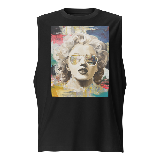 A black sleeveless tank top featuring a large rectangular graphic print of a Marilyn Monroe-style portrait with colorful abstract background paint strokes. Daniel Maltzman design