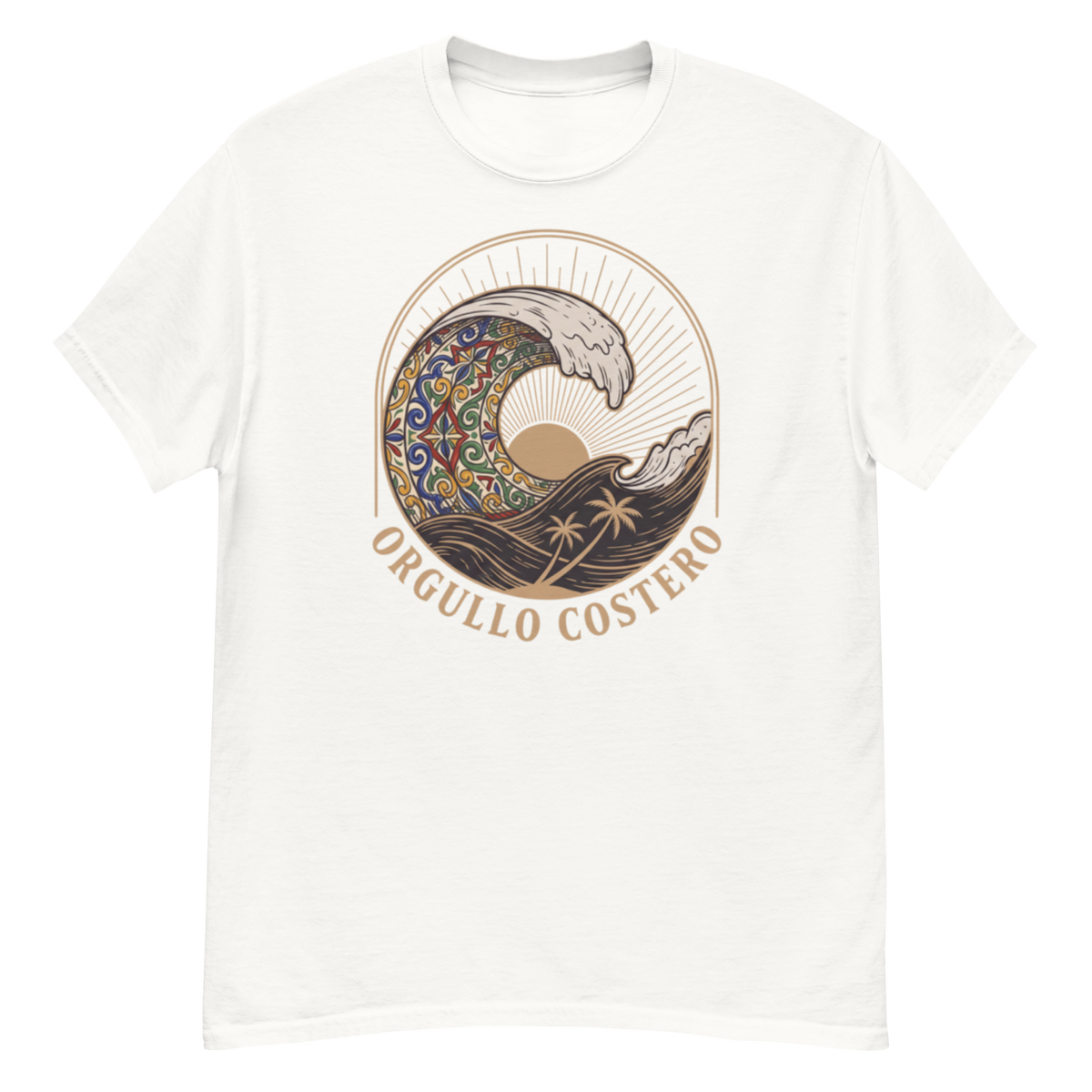 A white short-sleeve crewneck t-shirt featuring a circular graphic print on the chest. The graphic depicts a stylized wave with a mandala pattern on the left side, a gold sunburst, and the text 'ORGULLO COSTERO' in a curved tan font below the wave.