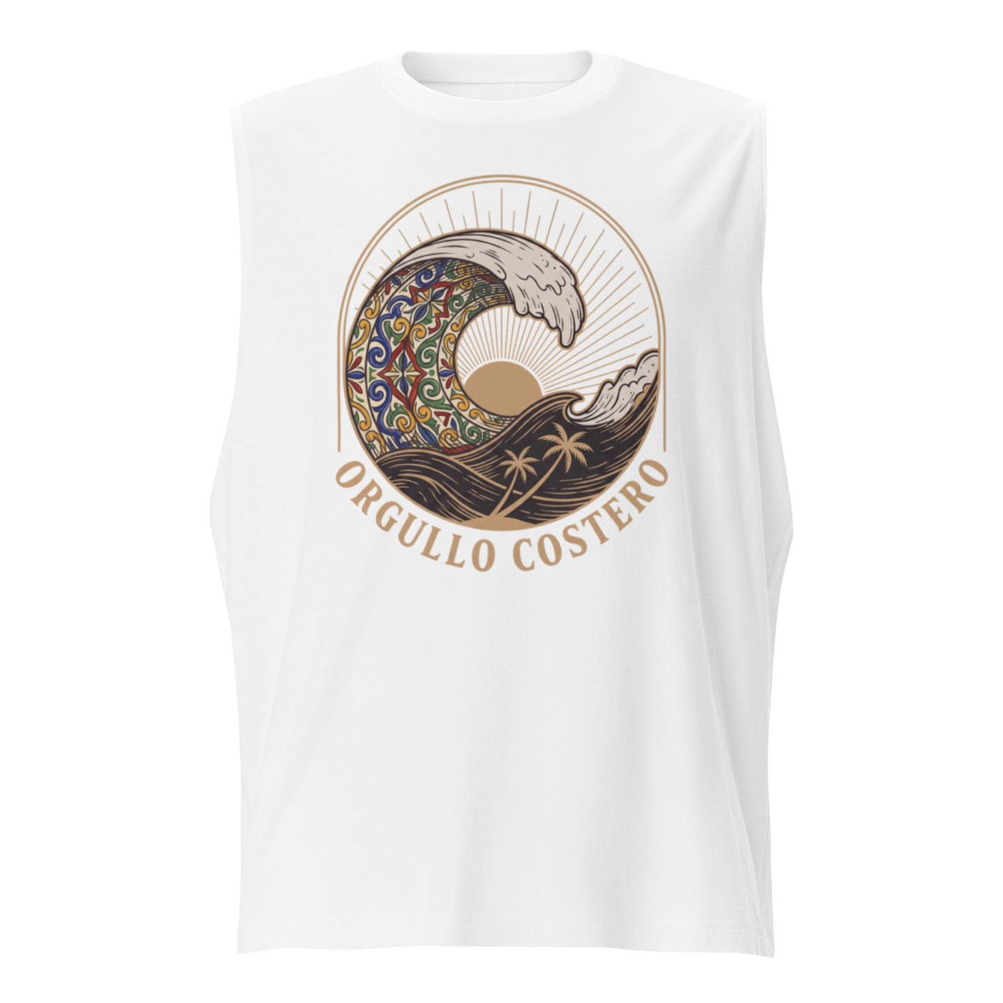 A white sleeveless muscle tank top featuring a circular graphic of a stylized wave with a mandala pattern, a sun, palm trees, and the text 'ORGULLO COSTERO' printed in brown below it.