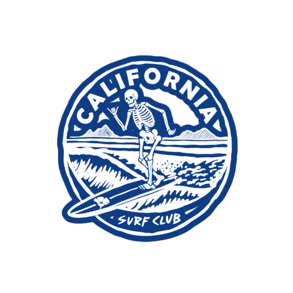 A circular blue and white graphic design featuring a skeleton surfer riding a surfboard, with the words 'CALIFORNIA SURF CLUB' inside the circle.