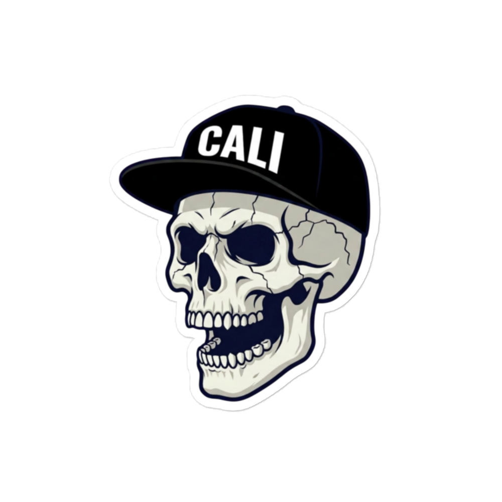 A die-cut sticker featuring a cartoon skull wearing a black baseball cap with the word 'CALI' in white, shown on a plain white background.