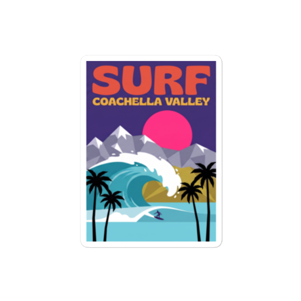 A rectangular sticker with rounded corners featuring a retro-style surf poster design. The text reads 'SURF COACHELLA VALLEY' in orange and yellow.
