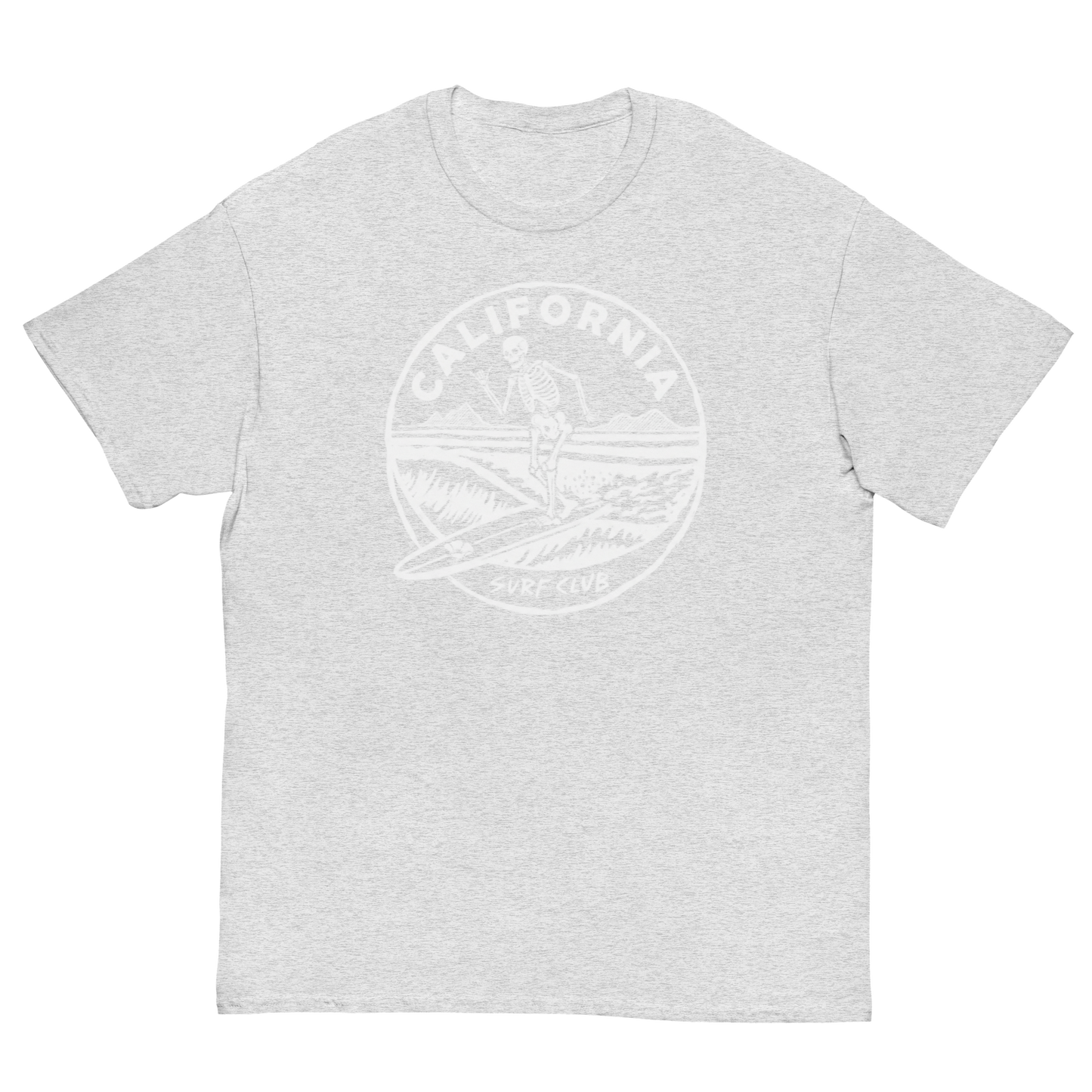 A light heather gray short-sleeve crewneck t-shirt featuring a faded white circular graphic on the chest with a surfer and the text 'CALIFORNIA SURF CLUB'.