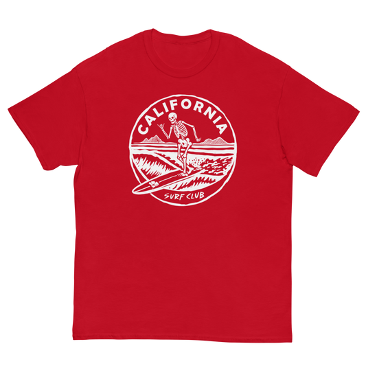 A red short-sleeve crewneck t-shirt featuring a white circular graphic on the chest with a skeleton surfer and the text 'CALIFORNIA SURF CLUB'.