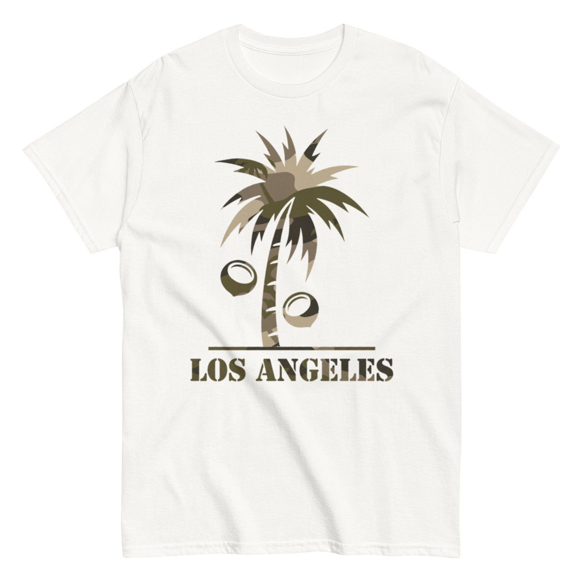 A white short-sleeve crewneck t-shirt featuring a graphic of a palm tree with coconuts and the text 'LOS ANGELES' printed below it in olive green and brown tones.