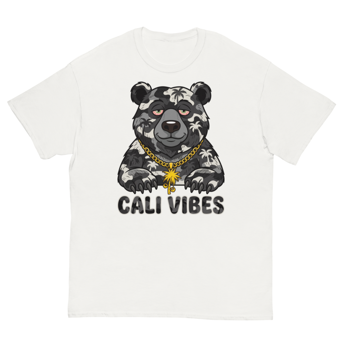 A white short-sleeve crewneck t-shirt featuring a graphic of a black and white palm tree-patterned bear wearing a gold chain with a cross pendant, above the text 'CALI VIBES'.