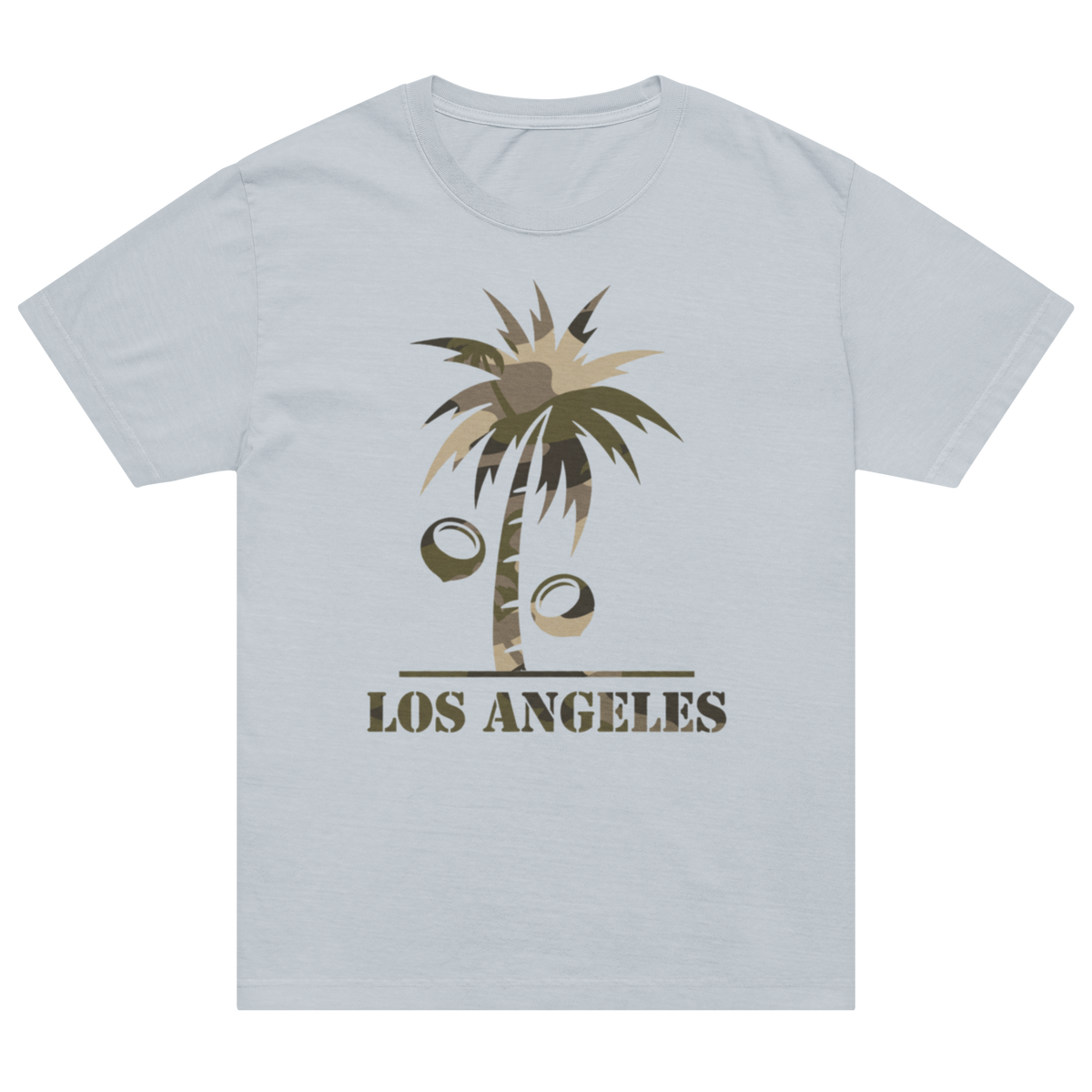A light gray crewneck t-shirt featuring a graphic of a palm tree with coconuts and the text 'LOS ANGELES' printed in a distressed brown font.