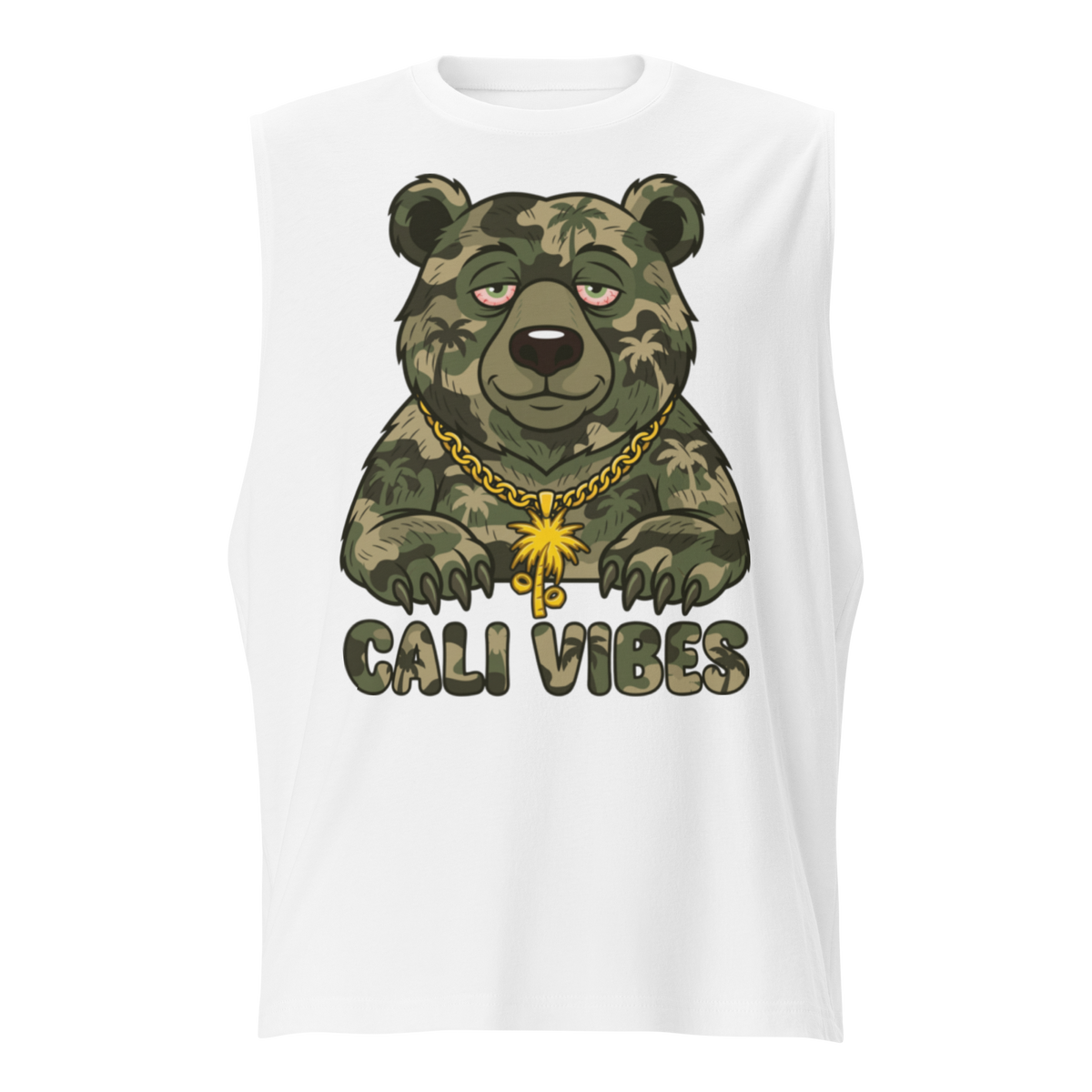 A white sleeveless tank top featuring a graphic of a bear in a green camouflage pattern, wearing a gold chain, with the text 'CALI VIBES' printed below in a matching camouflage font.
