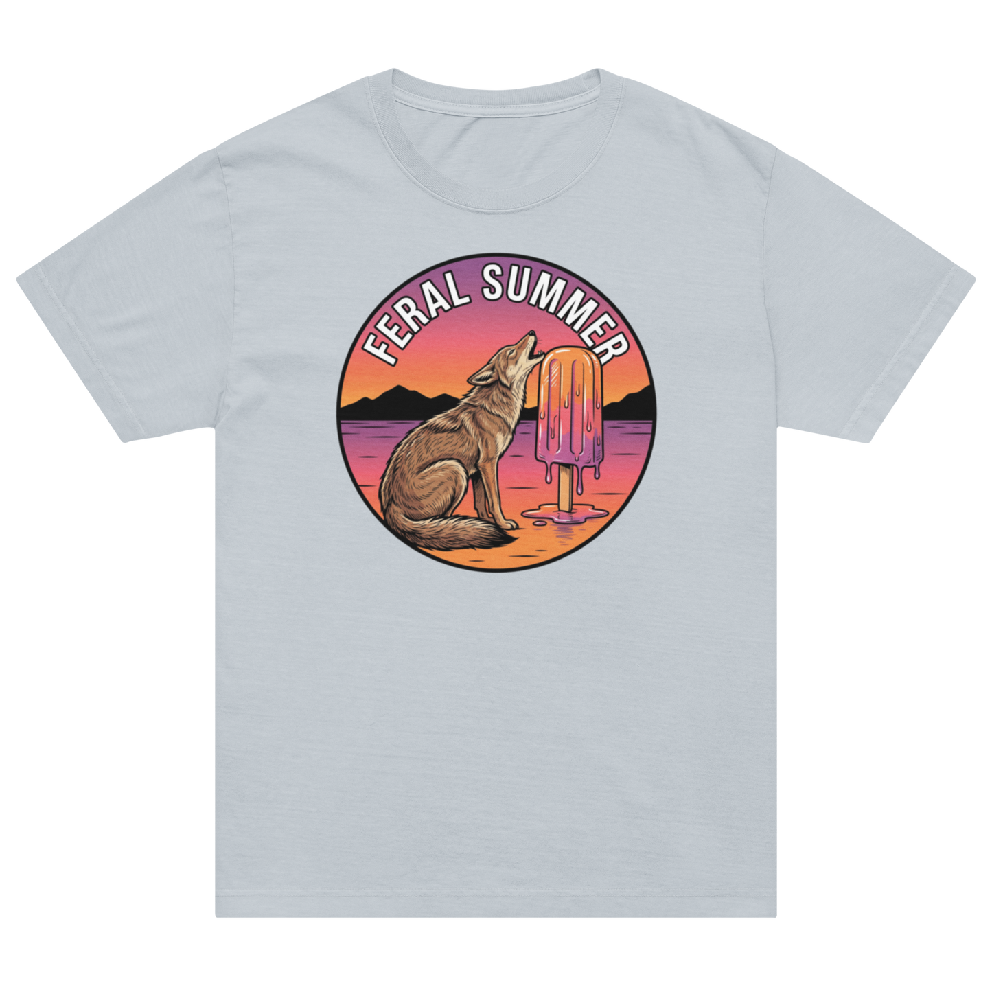 A light gray crewneck t-shirt featuring a circular graphic print on the chest. The graphic depicts a brown wolf howling at a melting popsicle under a sunset sky, with the text 'FERAL SUMMER' arched above.