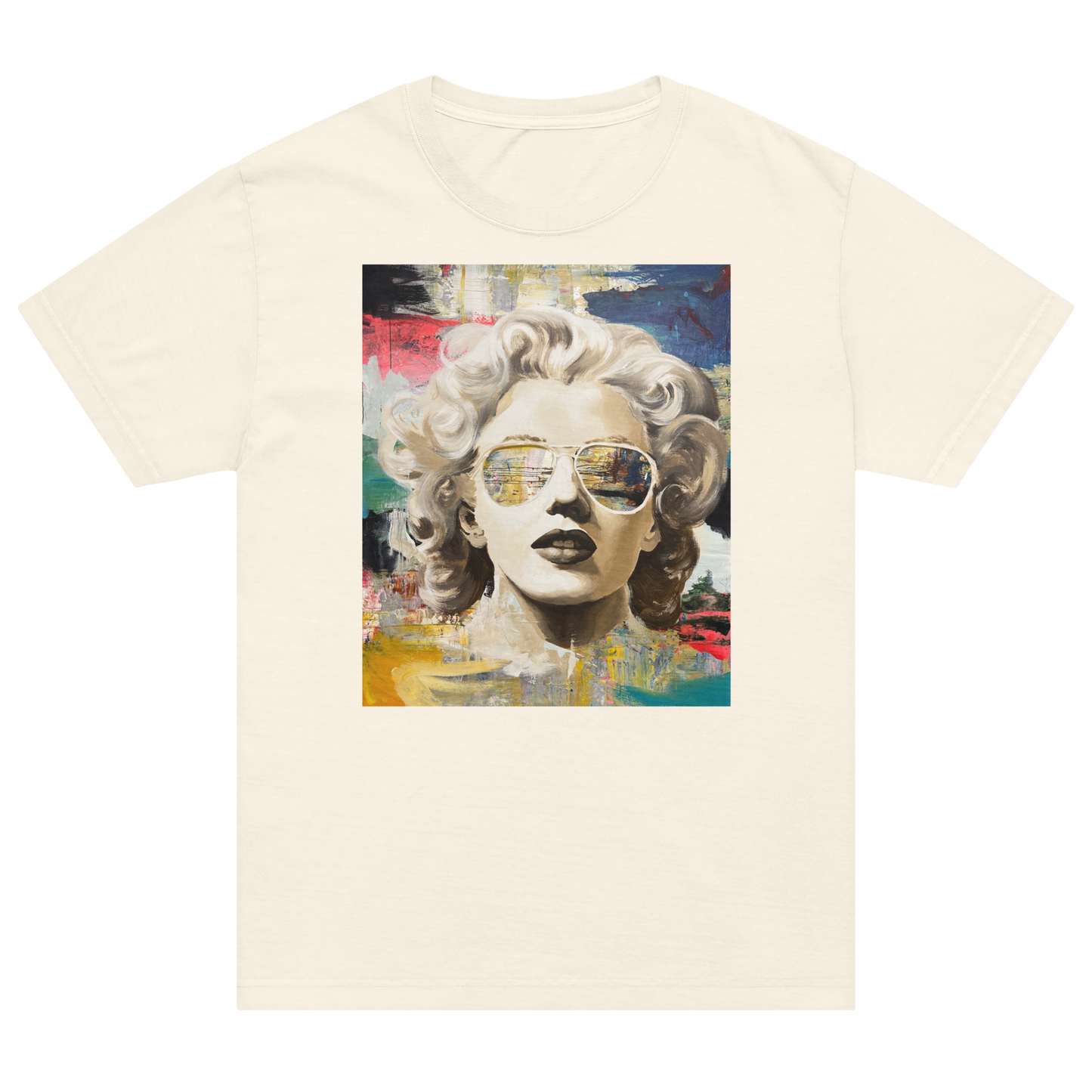 An off-white short-sleeve crewneck t-shirt featuring a colorful graphic print of Marilyn Monroe wearing aviator sunglasses on the front. Daniel Maltzman artist.