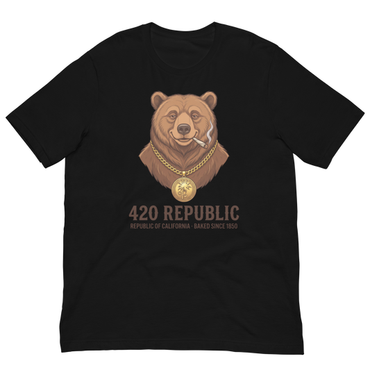 A black short-sleeve crewneck t-shirt featuring a graphic of a brown grizzly bear wearing a gold chain and smoking a cigarette, with the text '420 REPUBLIC' and 'REPUBLIC OF CALIFORNIA - BAKED SINCE 1960' printed below.