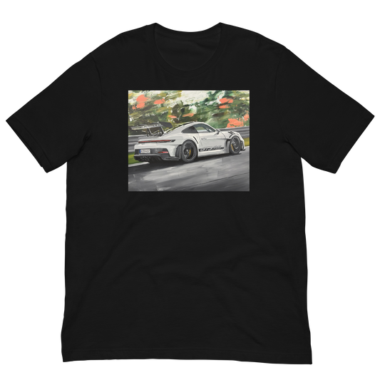 A black short-sleeve crewneck t-shirt featuring a rectangular graphic print on the chest of a white sports car depicted in a watercolor painting style on a racetrack. Daniel Maltzman original desgn.