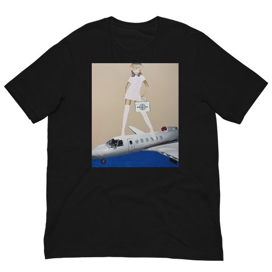 A black short-sleeve crewneck t-shirt featuring a rectangular graphic print on the front. The graphic shows a stylized illustration of a woman in a white dress and hat walking on top of a white and blue private jet against a beige background. Daniel Maltzman artist.