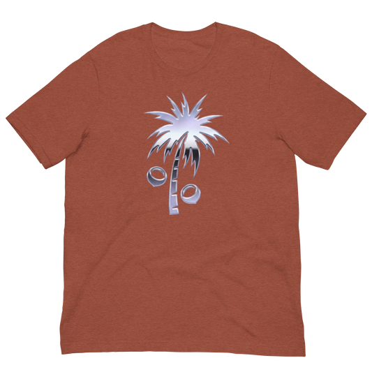 A heathered rust-orange short-sleeve t-shirt with a graphic of a palm tree and coconut halves on the chest, displayed flat in Y2K style.
