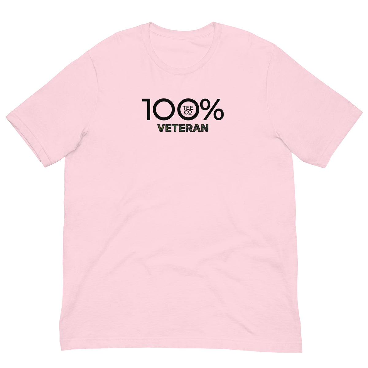 Pink t-shirt with '100% Veteran' text on a white background