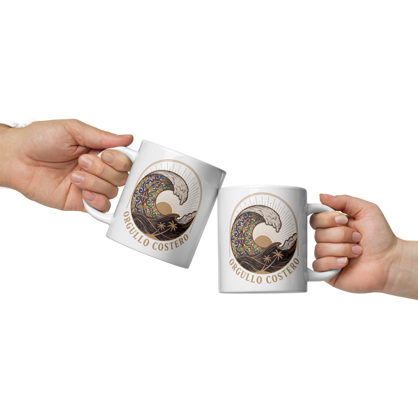 Two hands holding white ceramic mugs with a circular wave illustration and the text 'ONGULLO COSTERO' on a plain white background.