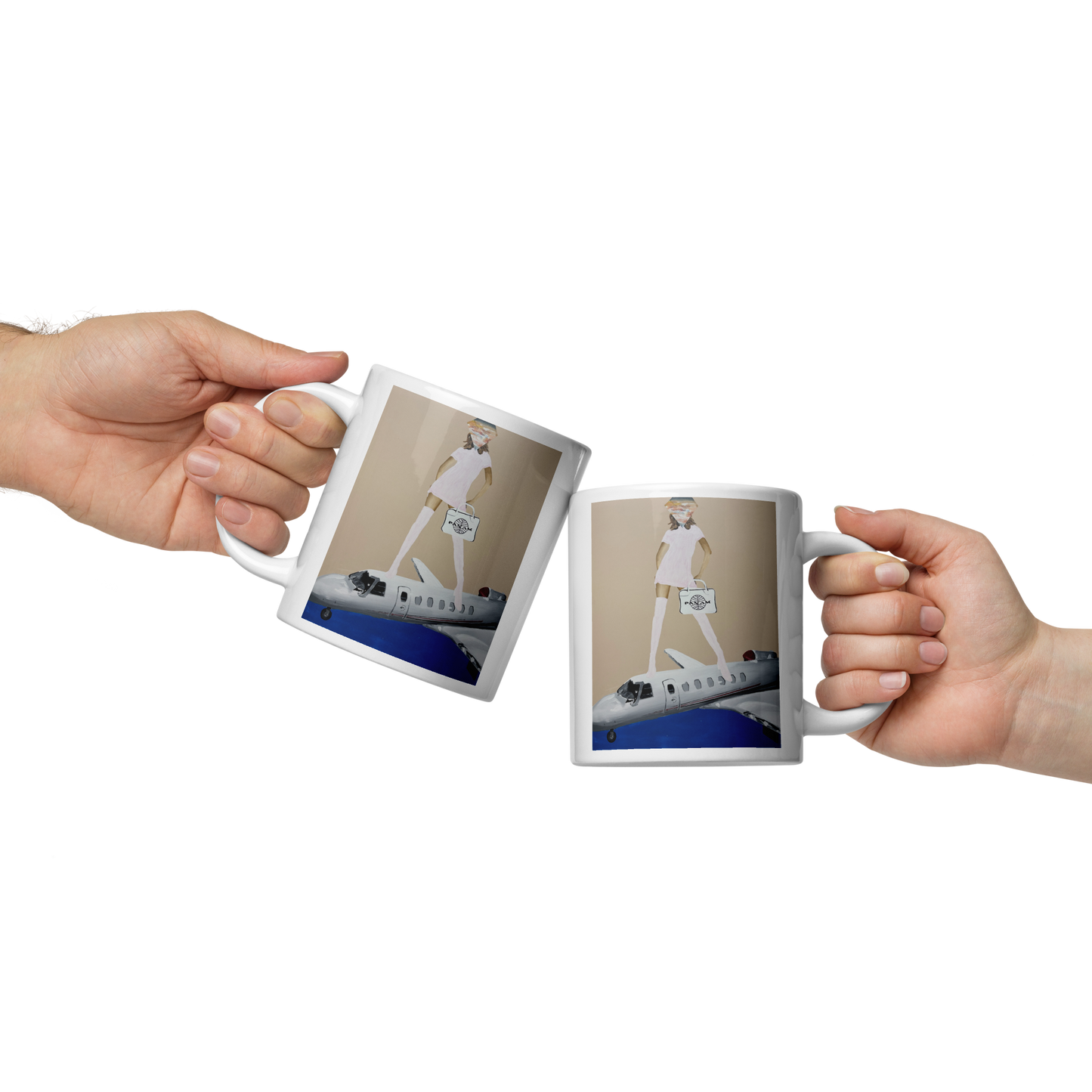 Two hands holding white ceramic mugs with a printed graphic of a woman in a white dress walking on a blue and gray airplane runway. Daniel Maltzman artist.