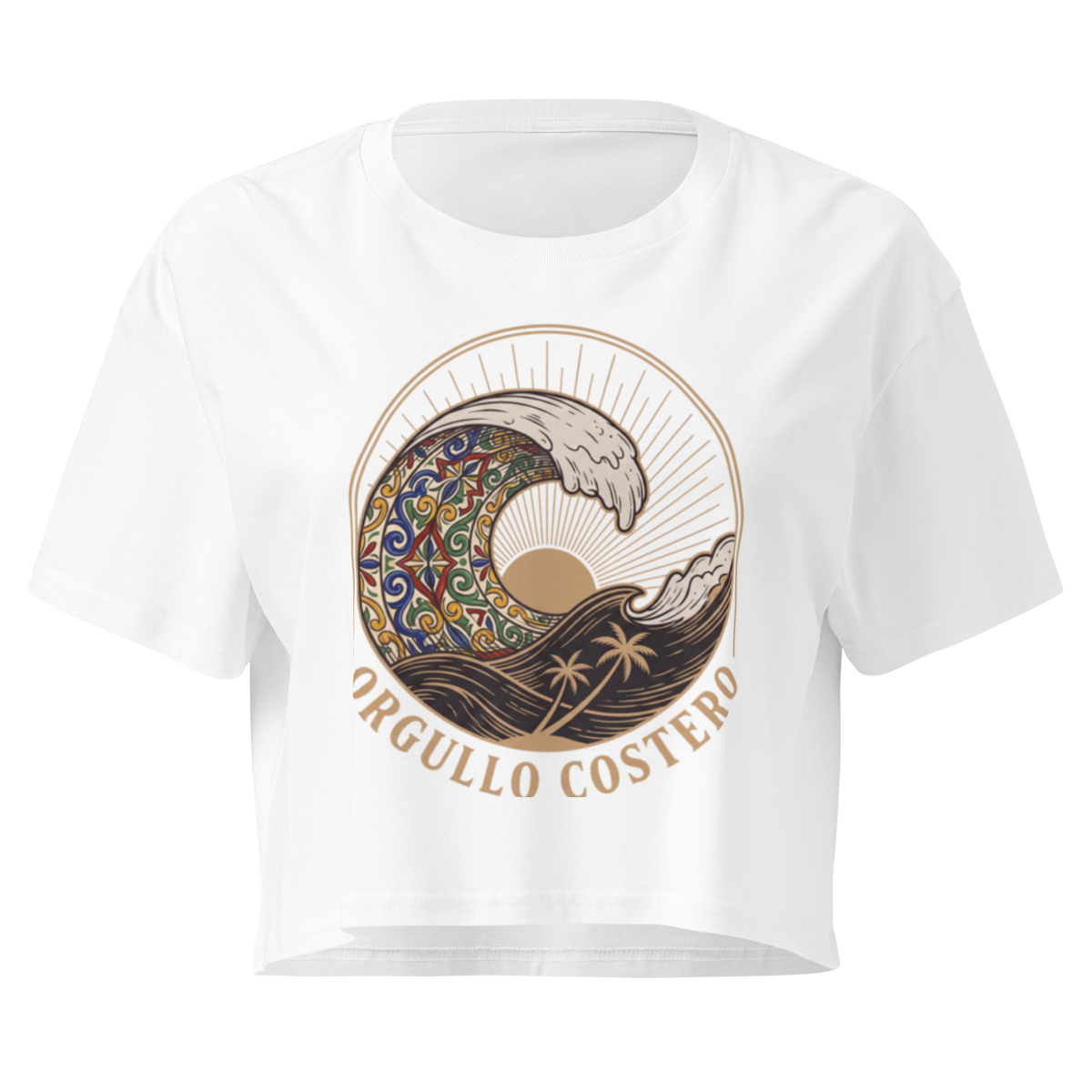 A white short-sleeve crop top t-shirt featuring a circular graphic print of a stylized wave with a colorful mandala pattern, a sun, palm trees, and the text 'ORGULLO COSTERO' printed below in brown.