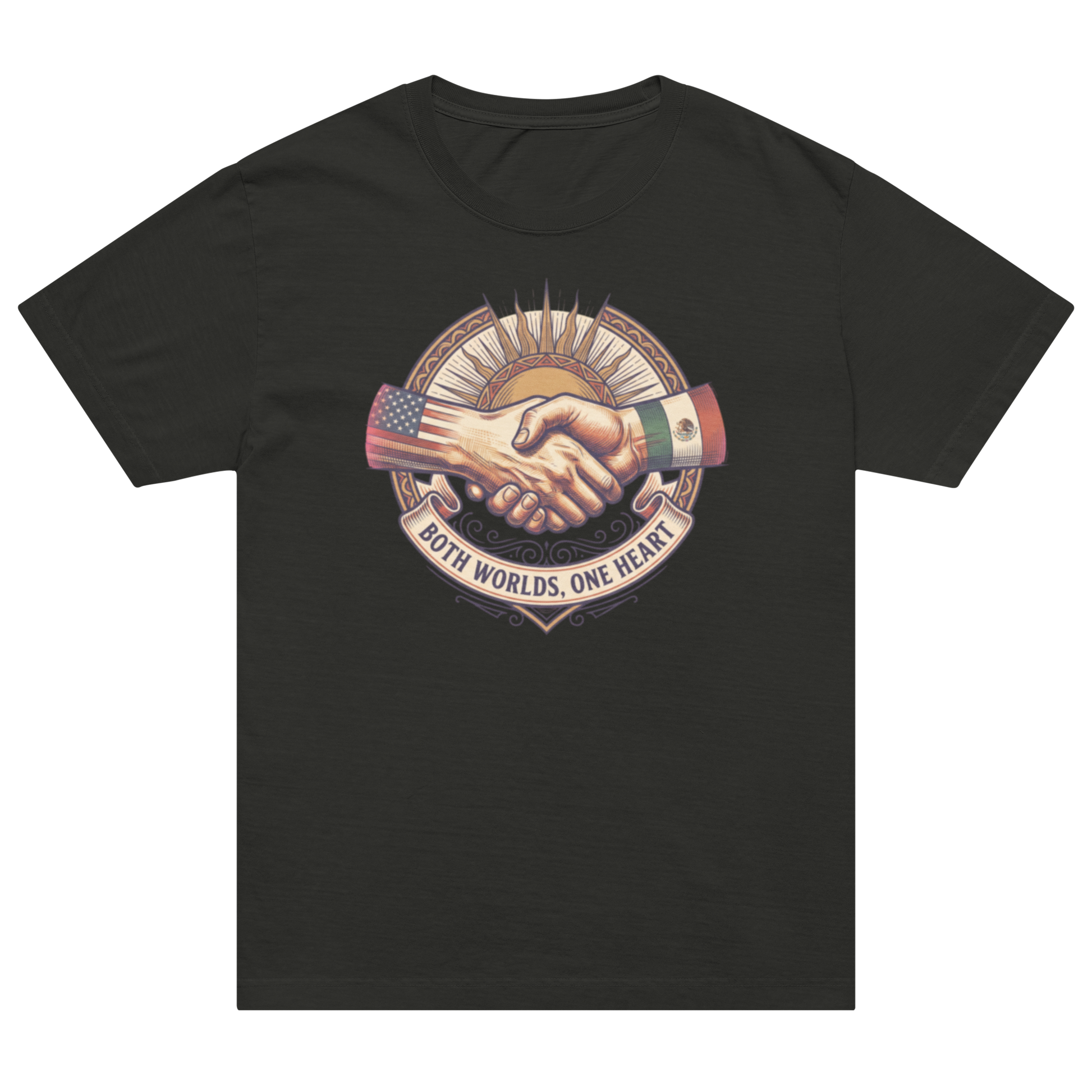 A black short-sleeve crewneck t-shirt featuring a central graphic of a handshake with an American flag on one hand and a Mexican flag on the other, with the text 'BOTH WORLDS, ONE HEART' below.