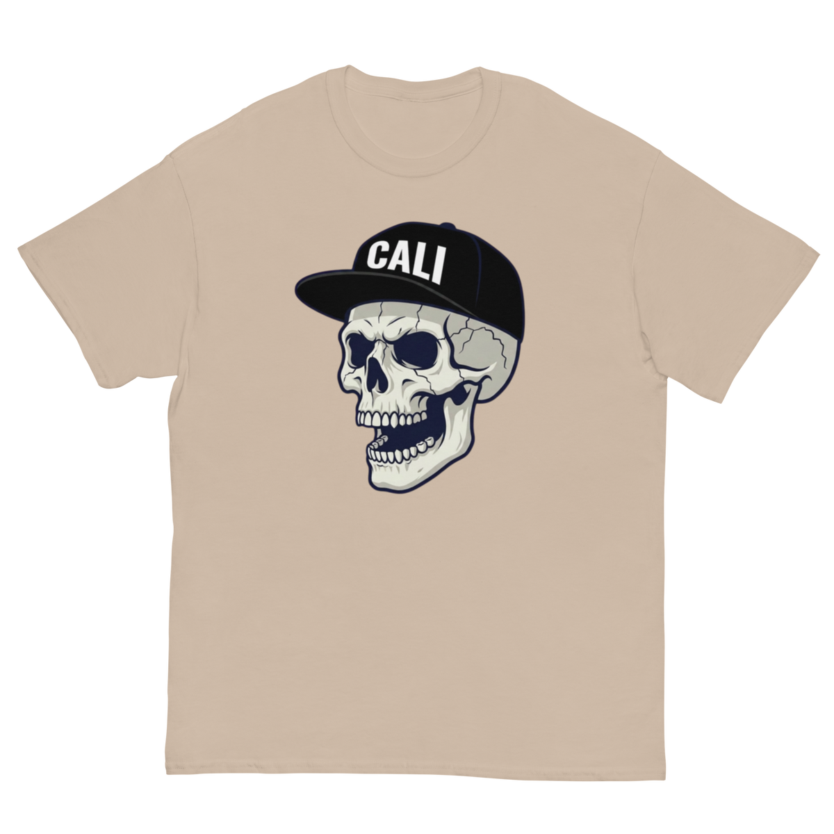 A beige crewneck t-shirt featuring a graphic of a skull wearing a black baseball cap with the word 'CALI' in white, displayed against a solid white background.