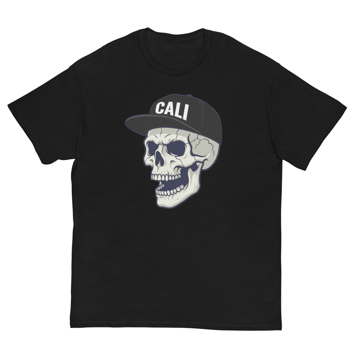 A black short-sleeve crewneck t-shirt featuring a graphic of a skull wearing a dark baseball cap with the word 'CALI' in white letters, displayed against a solid white background.