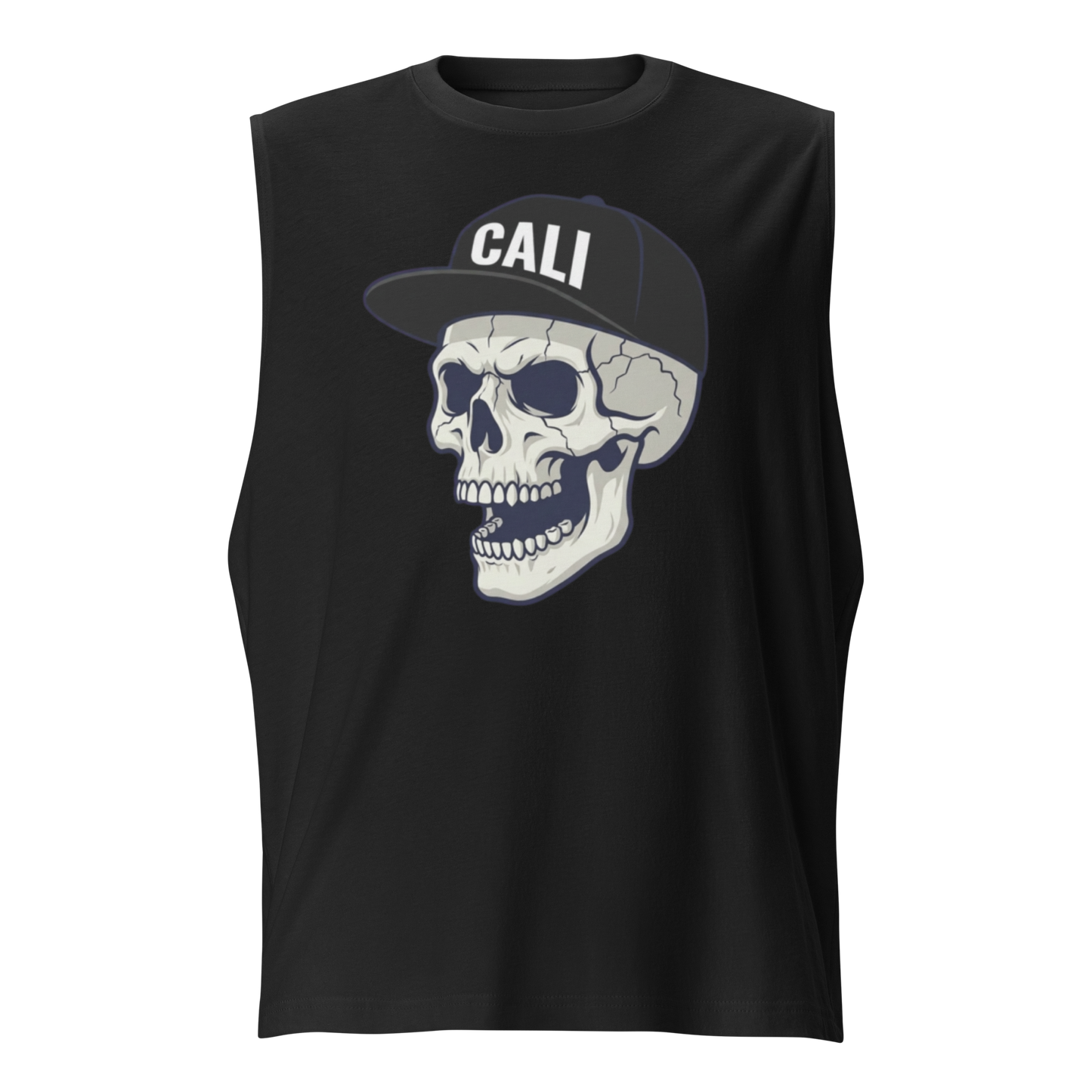 A black sleeveless muscle t-shirt featuring a graphic of a skull wearing a black baseball cap with the word 'CALI' in white, set against a plain white background.