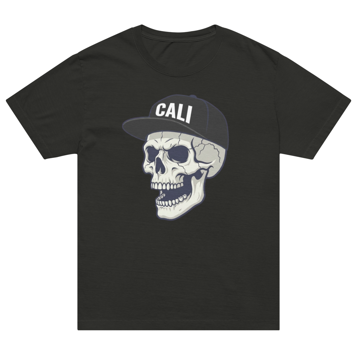 A black short-sleeve crewneck t-shirt featuring a graphic of a skull wearing a baseball cap with the word 'CALI' in white, displayed against a solid white background.