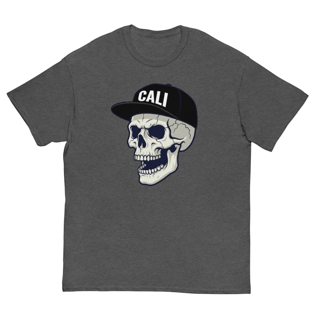 A dark heather gray crewneck t-shirt featuring a graphic of a skull wearing a black baseball cap with the word 'CALI' in white letters, displayed against a solid white background.