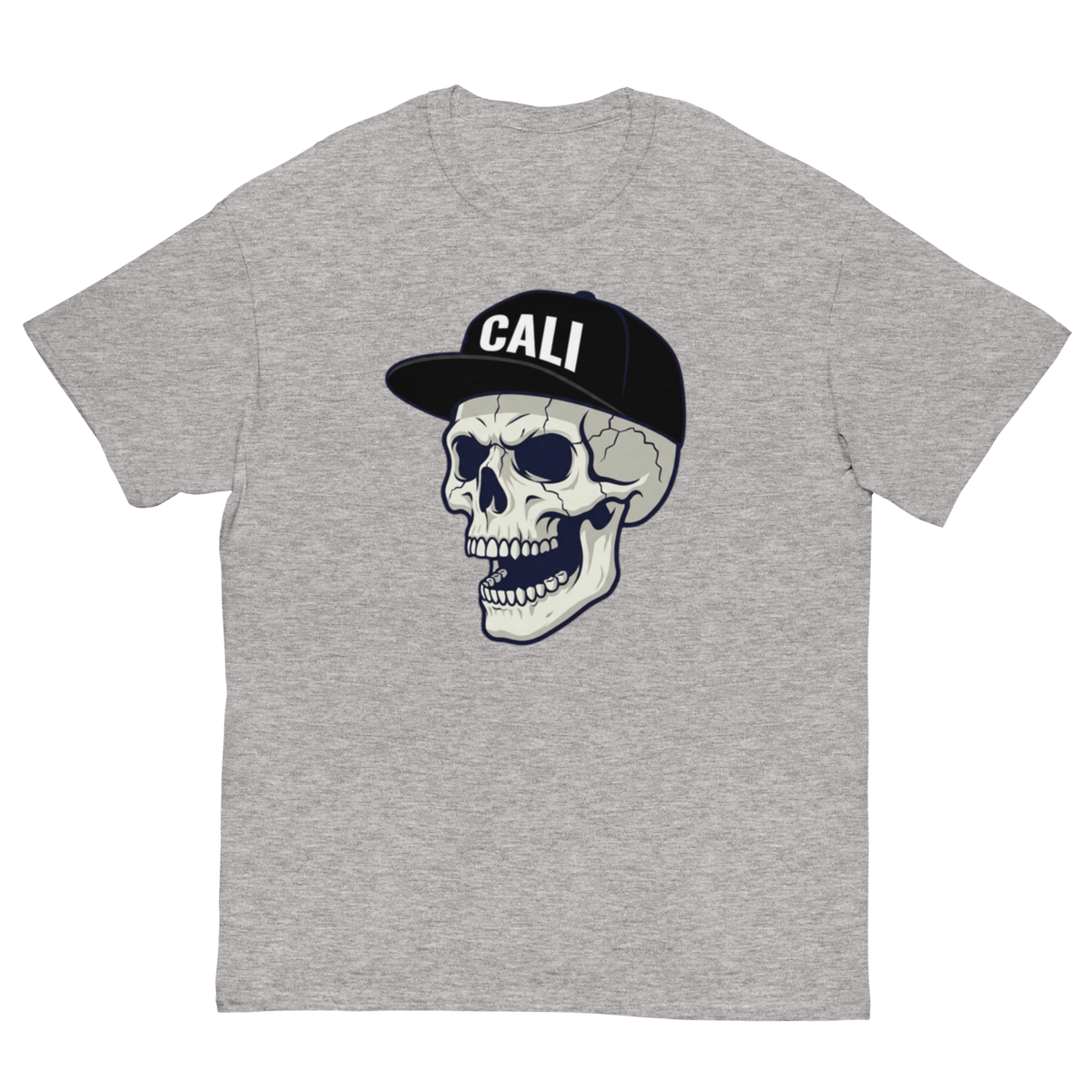 A heather gray short-sleeve t-shirt featuring a graphic of a skull wearing a black baseball cap with the word 'CALI' in white letters, displayed against a solid white background.
