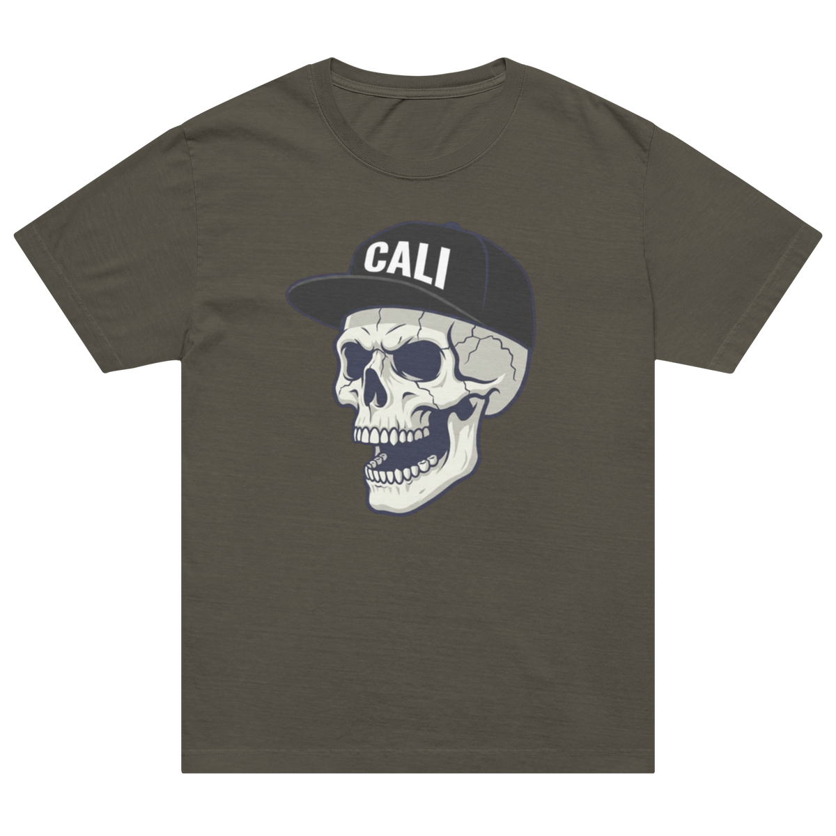 A dark olive gray t-shirt featuring a graphic of a skull wearing a black baseball cap with the white text 'CALI' on the front, displayed against a solid white background.