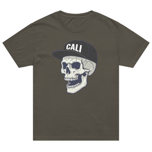 A dark olive gray t-shirt featuring a graphic of a skull wearing a black baseball cap with the white text 'CALI' on the front, displayed against a solid white background.