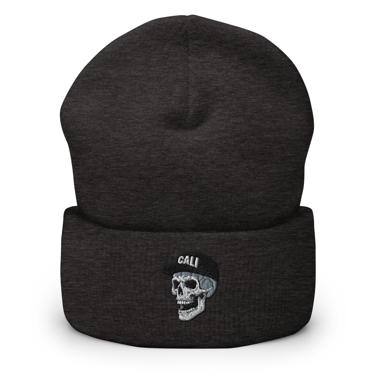 A dark heather gray cuffed knit beanie hat featuring an embroidered skull wearing a black cap with the word 'CALI' in white on the front cuff.
