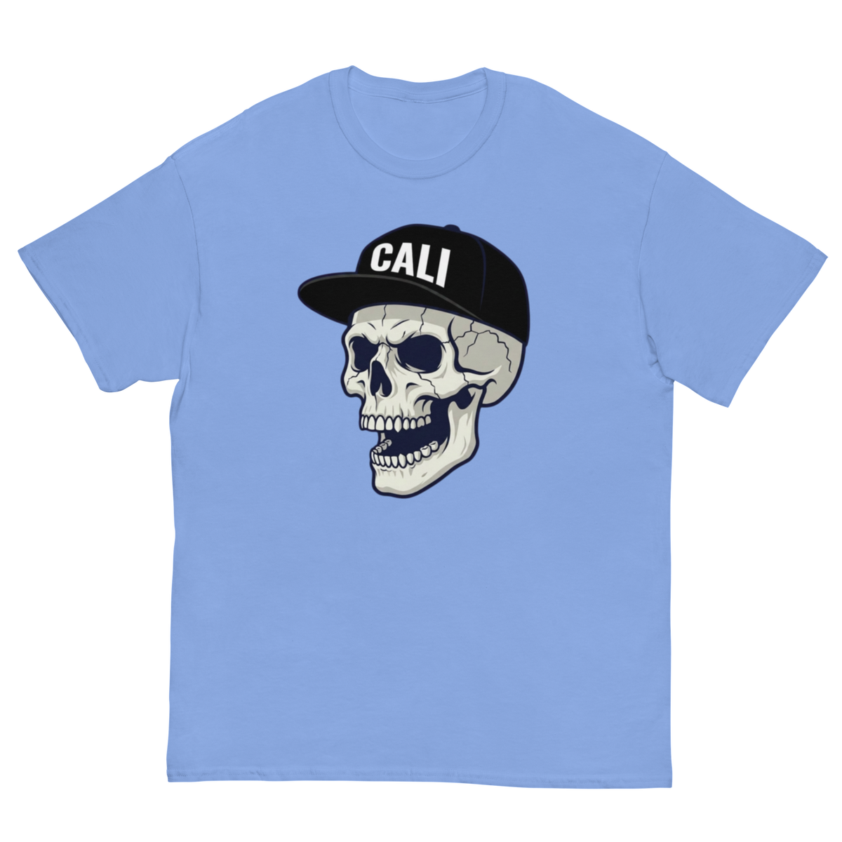 A light blue crewneck t-shirt featuring a graphic of a skull wearing a black baseball cap with the word 'CALI' in white letters, displayed on a solid white background.