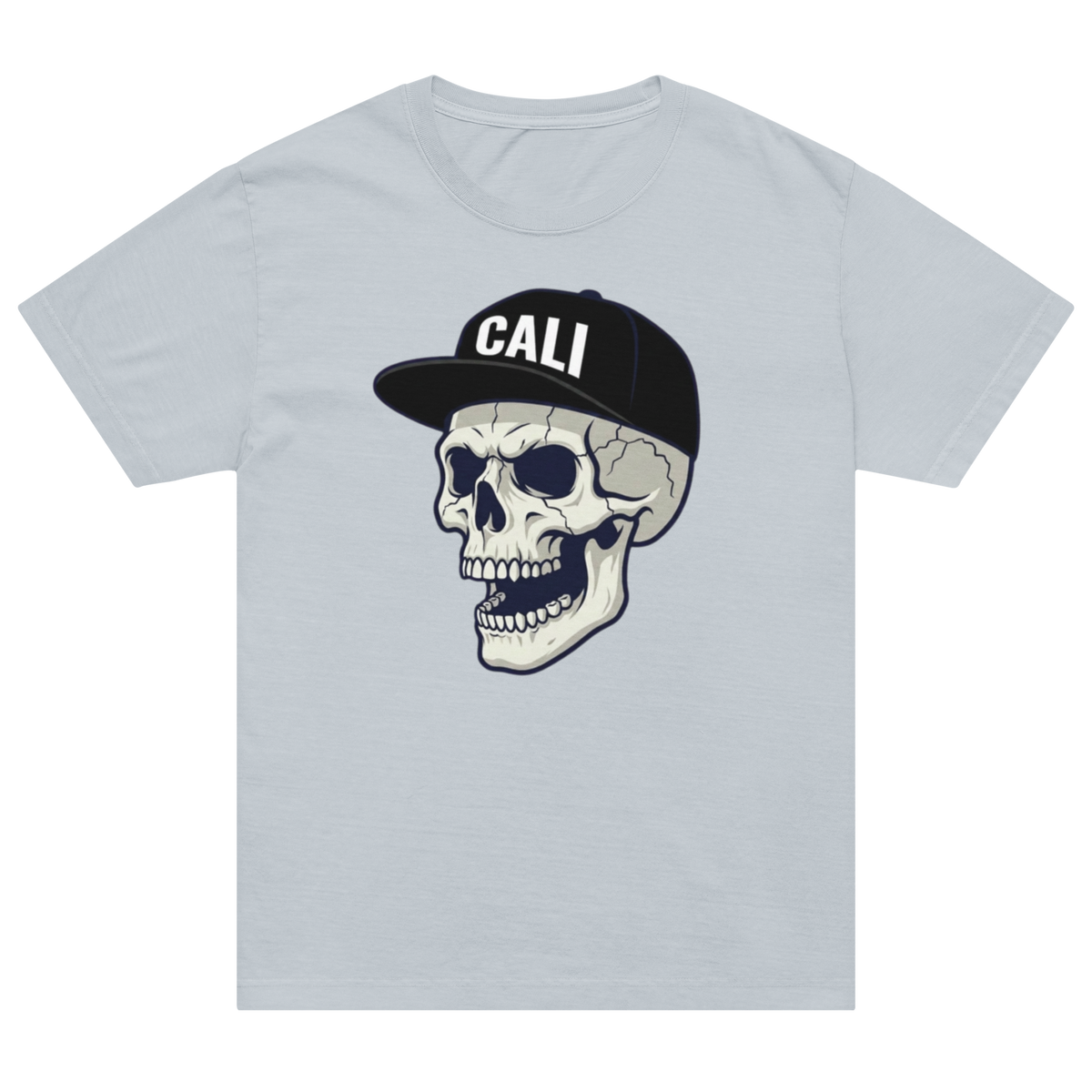 A light gray crewneck t-shirt featuring a graphic of a skull wearing a black baseball cap with the word 'CALI' in white letters, displayed on a solid white background.