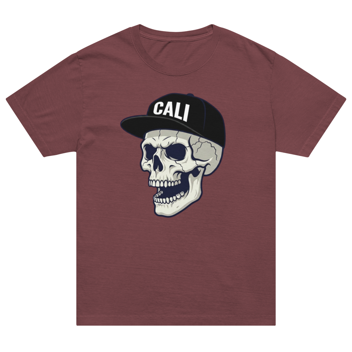 A heathered maroon short-sleeve t-shirt featuring a graphic of a skull wearing a black baseball cap with 'CALI' printed in white on the front, displayed against a solid white background.