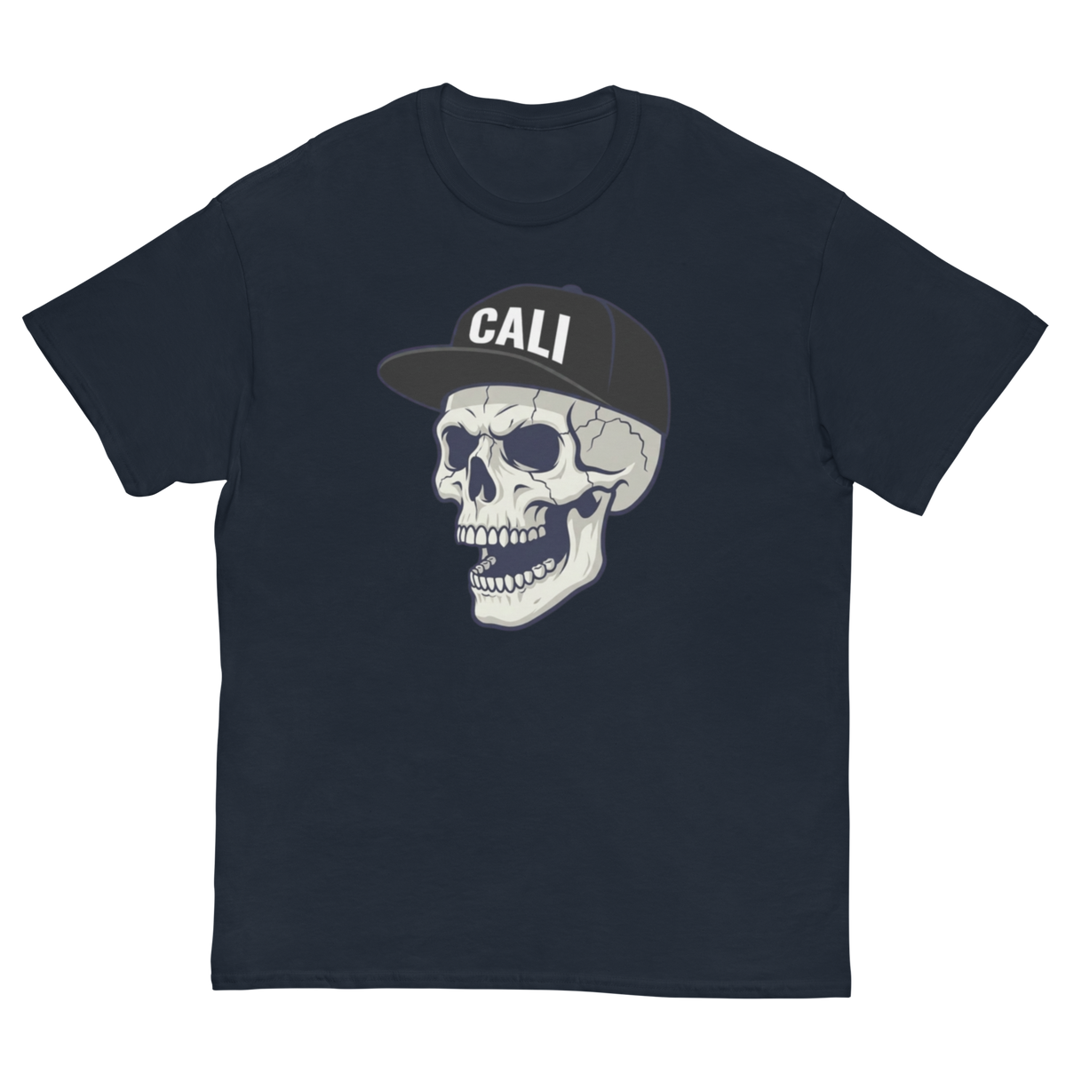 A dark navy blue crewneck t-shirt featuring a graphic of a skull wearing a black baseball cap with the word 'CALI' in white letters, displayed against a solid white background.