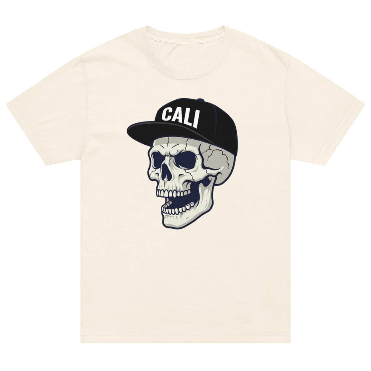 An off-white short-sleeve crewneck t-shirt featuring a graphic of a skull wearing a black baseball cap with 'CALI' printed in white on the front.