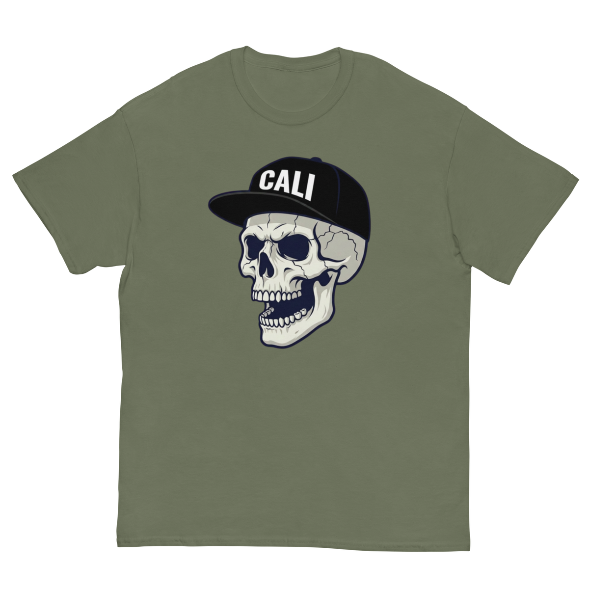 An olive green crewneck t-shirt featuring a graphic of a skull wearing a black baseball cap with the word 'CALI' in white text, displayed against a solid white background.