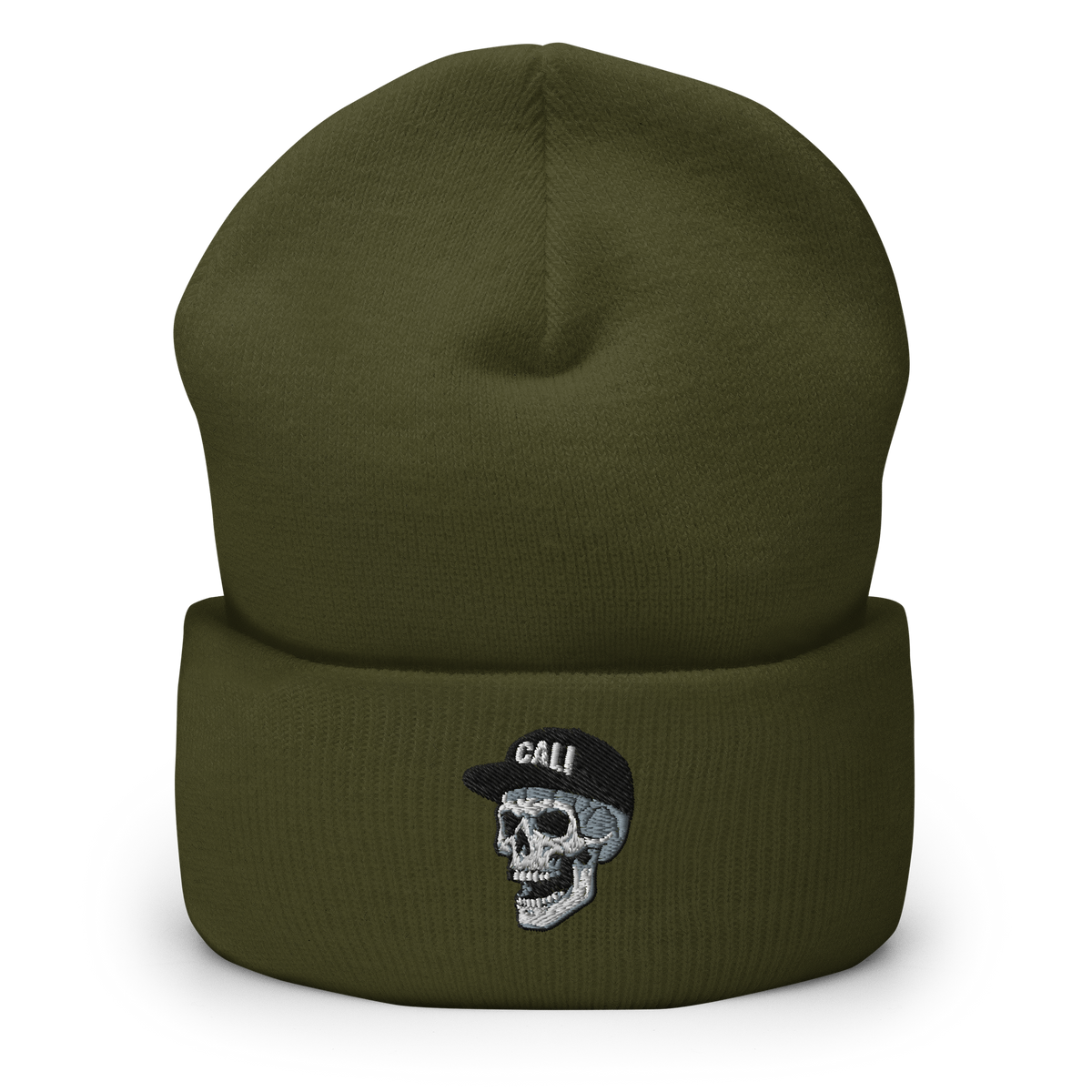 An olive green knit beanie hat with a folded cuff, featuring an embroidered skull wearing a black cap with the word 'CALI' in white on the front.