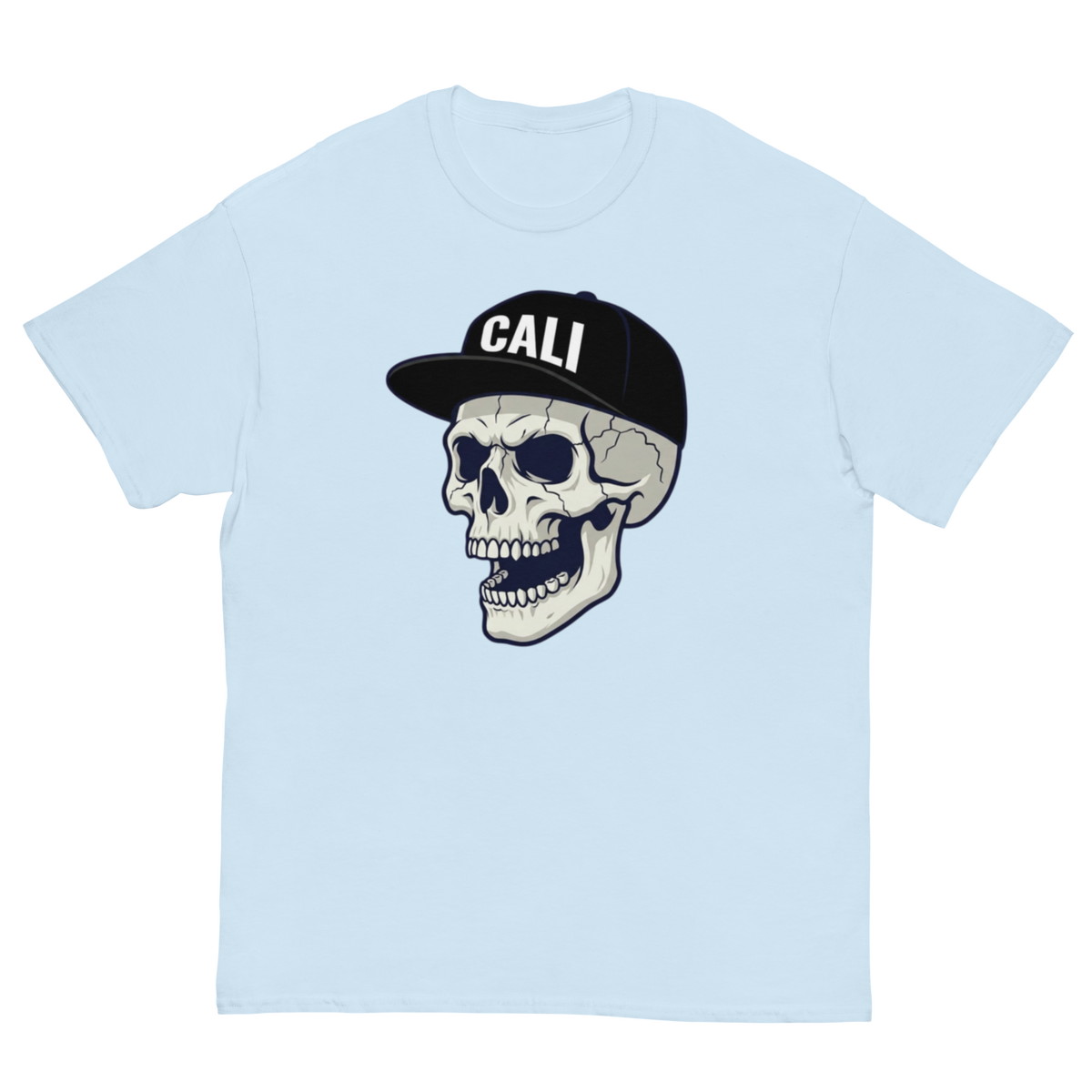 A light blue crewneck t-shirt featuring a graphic of a skull wearing a black baseball cap with 'CALI' printed in white on the front.