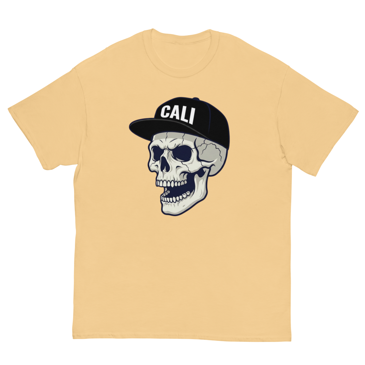 A pale yellow crewneck t-shirt featuring a graphic of a skull wearing a black baseball cap with the word 'CALI' in white, displayed against a solid white background.