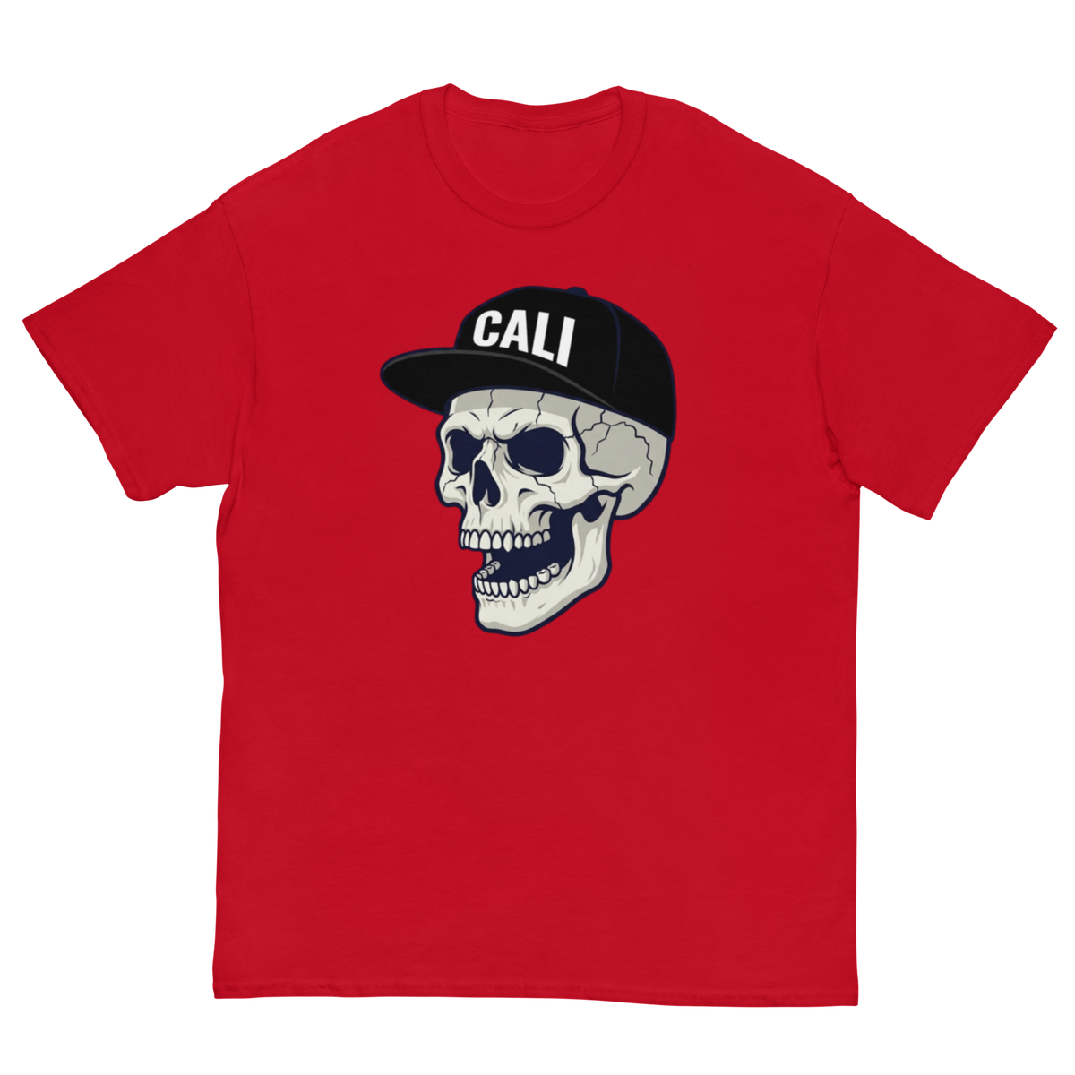 A red short-sleeve crewneck t-shirt featuring a graphic of a skull wearing a black baseball cap with the word 'CALI' in white letters.