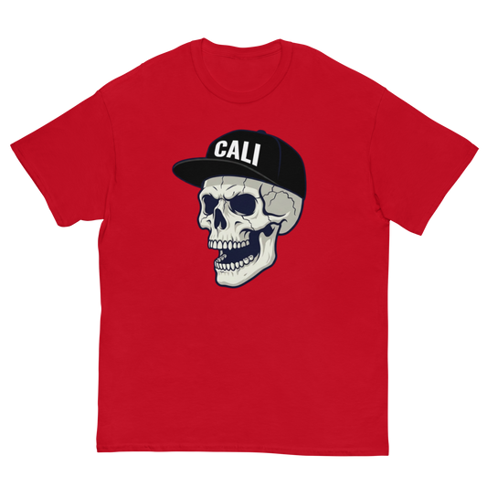 A red short-sleeve crewneck t-shirt featuring a graphic of a skull wearing a black baseball cap with the word 'CALI' in white letters.