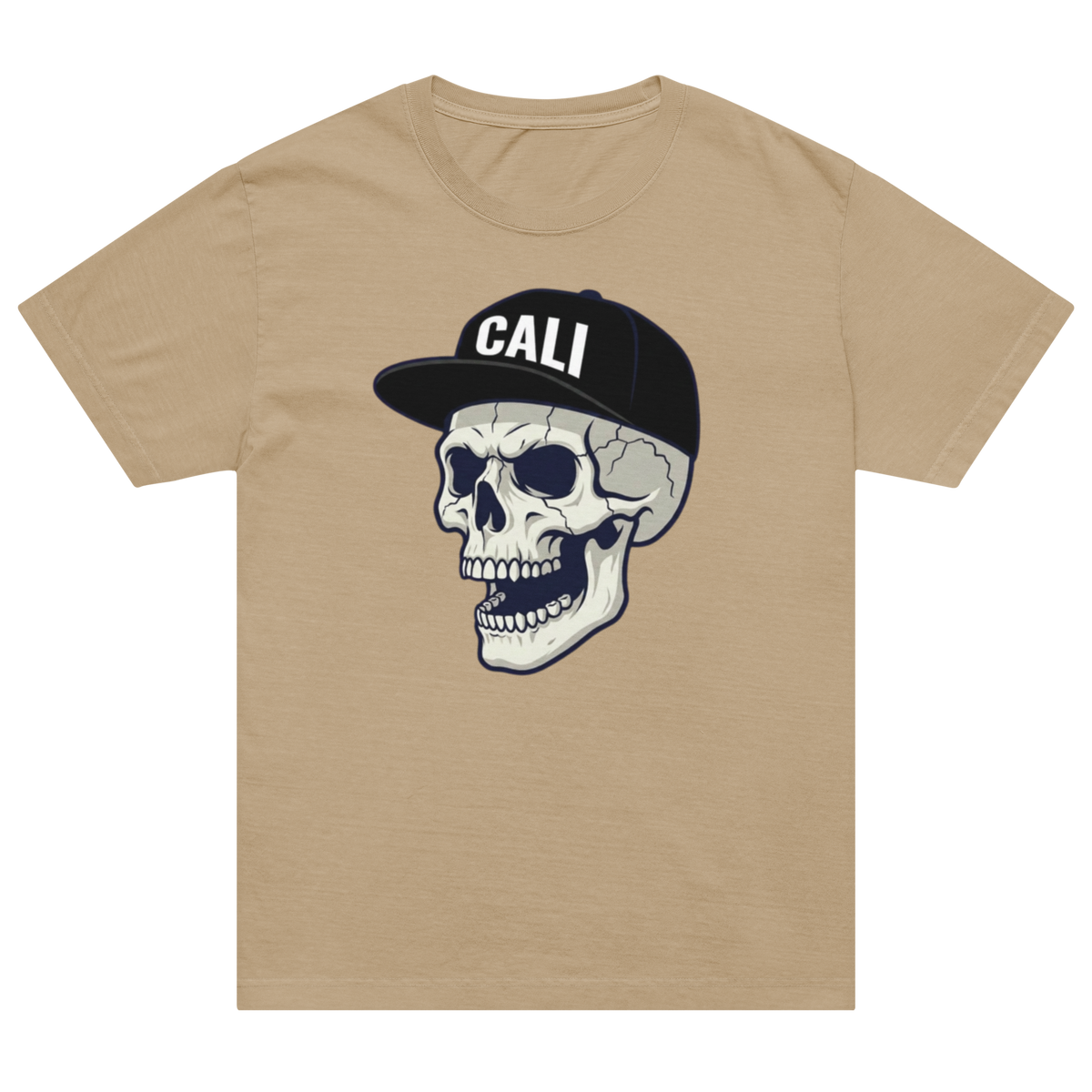 A tan crewneck t-shirt featuring a graphic of a skull wearing a black baseball cap with the word 'CALI' in white, displayed on a solid white background.